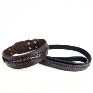 Braided Leather Dog Collar and Leash Set - High Quality Brown Leather Set for Extra Large Dogs